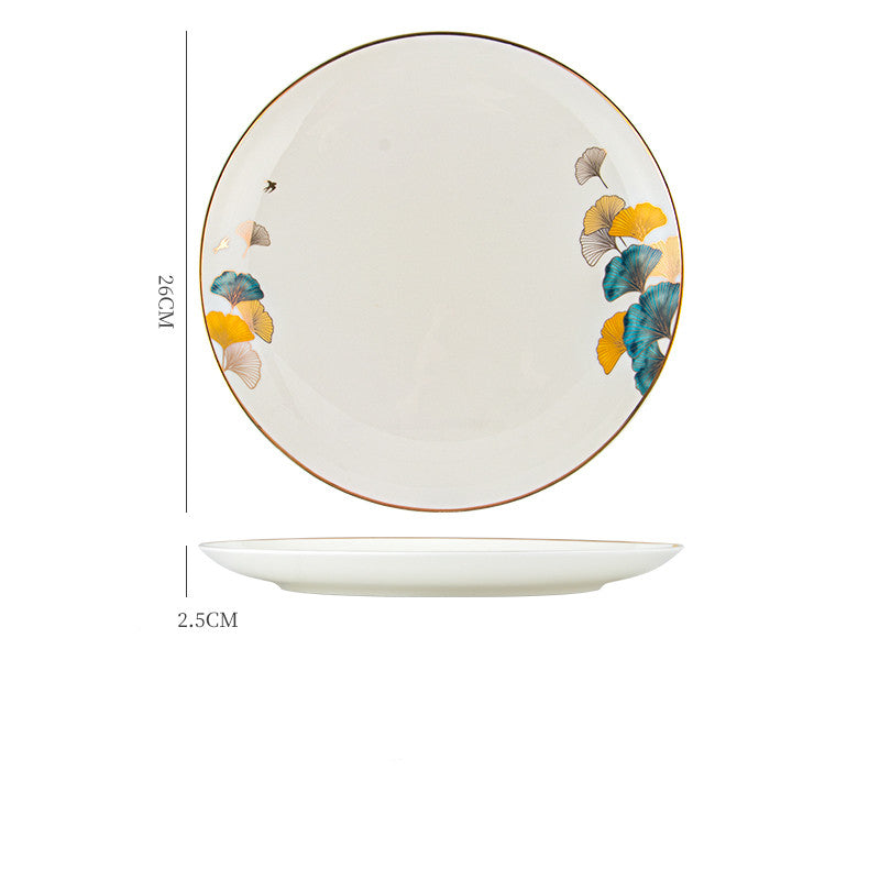 Nordic Porcelain Tableware – Round Flat Plate with Plant & Flower Design