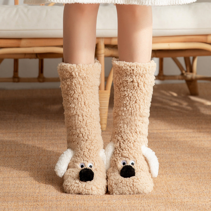 Cute Cartoon Dog Winter Plush Floor Socks – Non-Slip, Warm, Cozy Women’s Home Socks