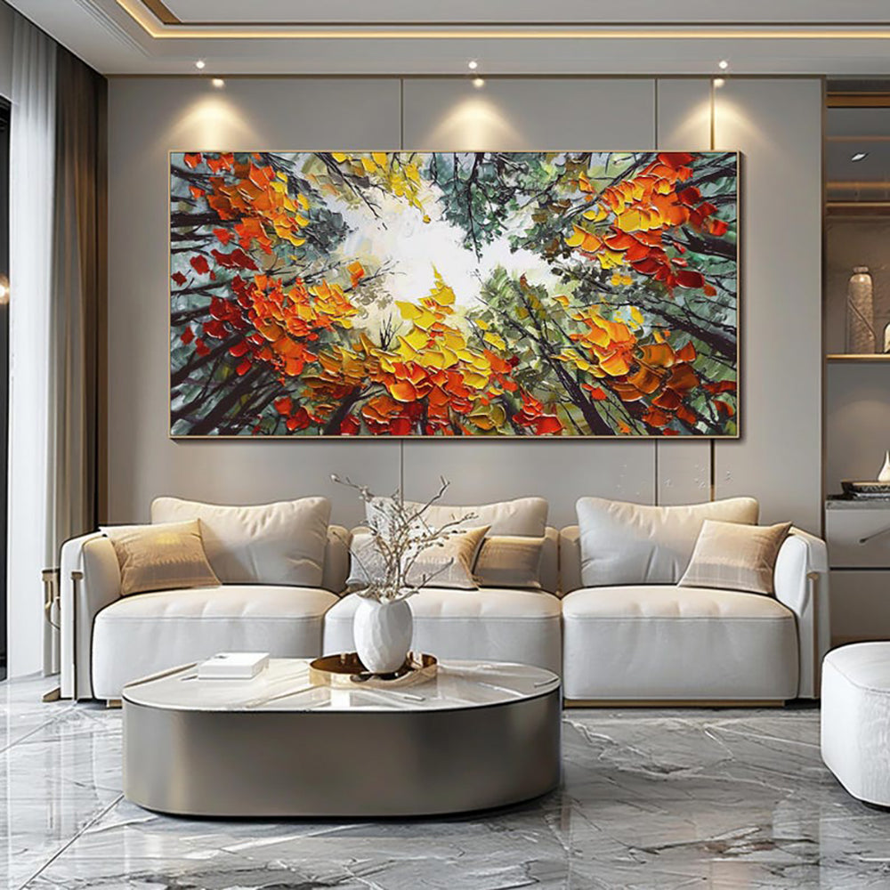 Handmade Oil Painting – Modern Orange Forest Landscape Canvas Wall Art