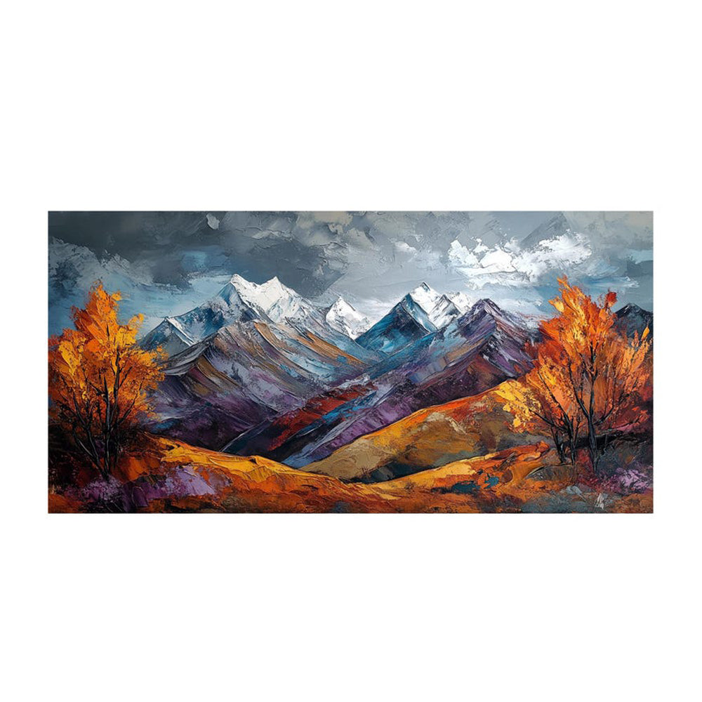 Handmade Snow Mountain Oil Painting on Canvas – Modern Autumn Landscape Wall Art