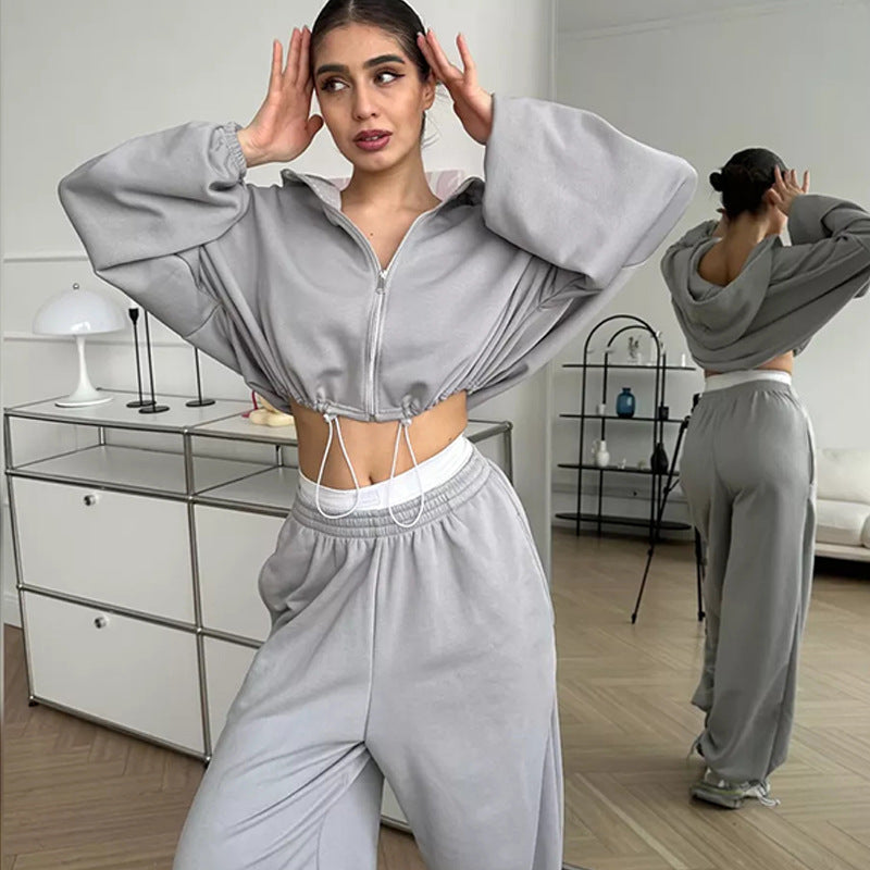 Women’s Solid Color Long Sleeve Zipper Sweatshirt & Sweatpants Set – Casual Two-Piece Loungewear Outfit