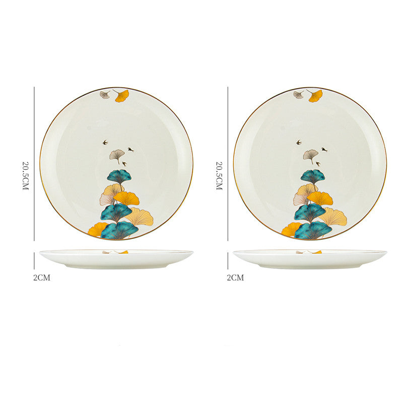 Nordic Porcelain Tableware – Round Flat Plate with Plant & Flower Design