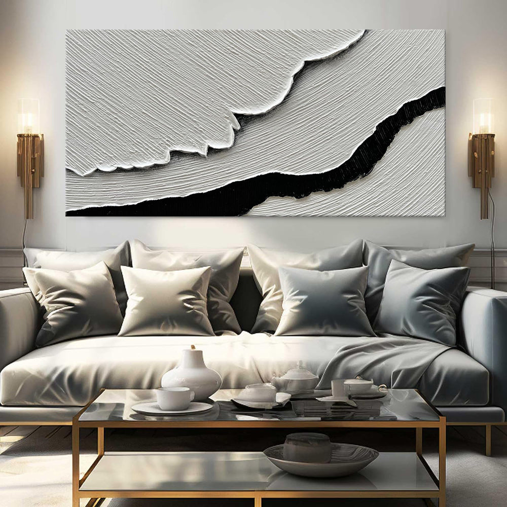 Black & White Sea Waves Abstract Oil Painting – Hand-Painted Wall Art