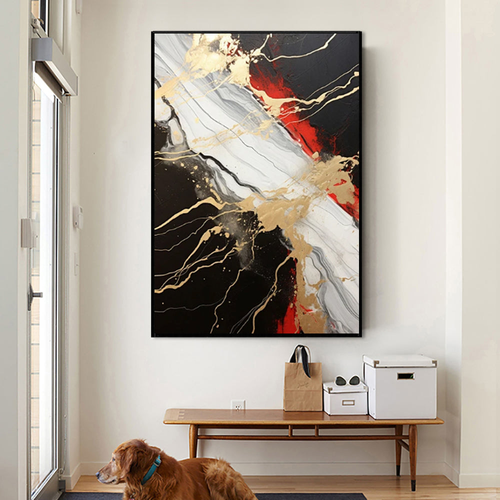 Vintage Gold Black Red Abstract Oil Painting – Hand-Painted Canvas Wall Art