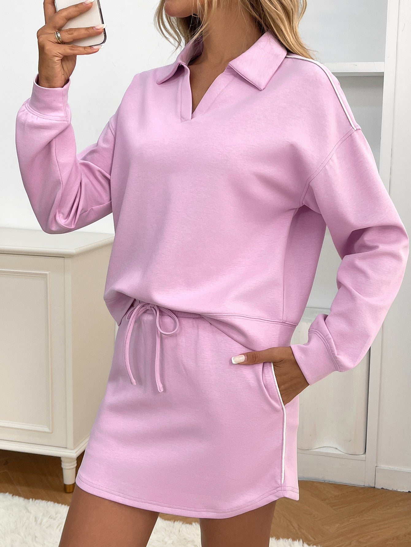 Trendy Women’s Cotton Air-Layer Skirt Set – Long Sleeve Drop Shoulder Top + Short Skirt