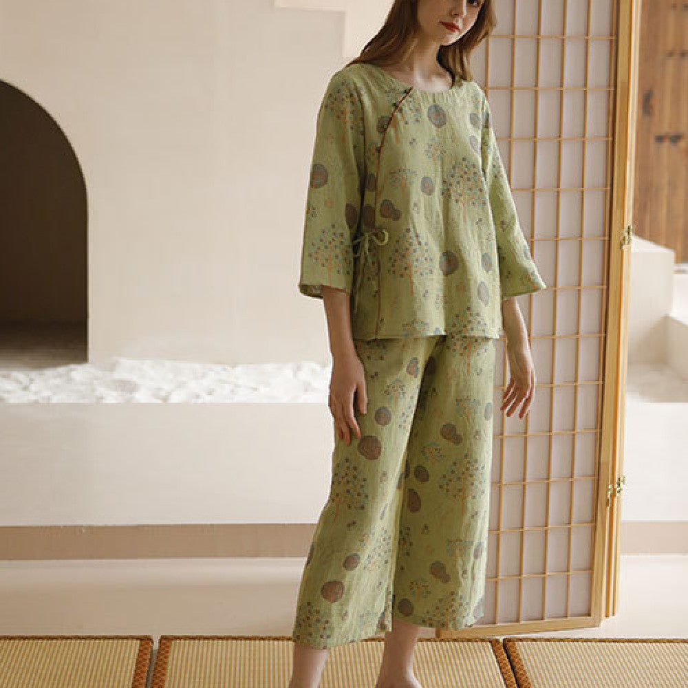 Leaf Print Cotton Pajama Set – Lightweight Long-Sleeve Sleepwear Suit
