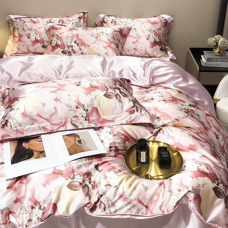 Bare Sleeping Silk Four-Piece Bedding Set – Luxurious Satin Bohemian Bed Sheets with Plant & Flower Patterns