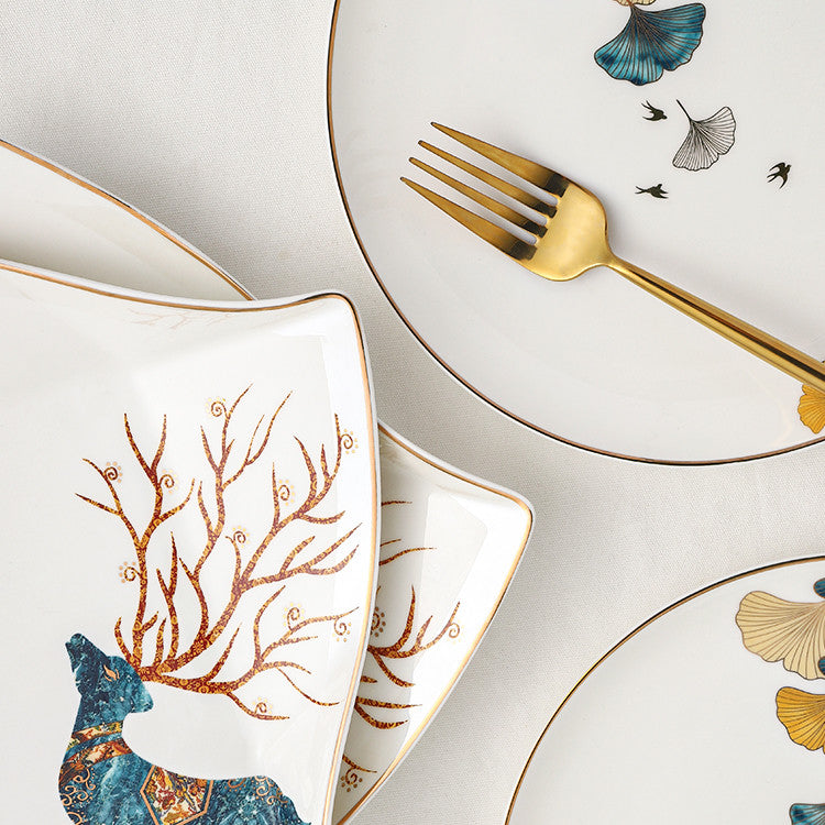 Nordic Porcelain Tableware – Round Flat Plate with Plant & Flower Design