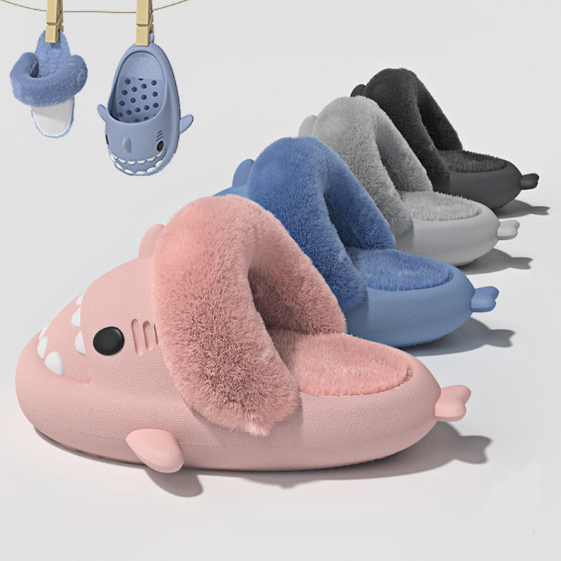 Winter Shark Slippers – Detachable Warm Fuzzy House Shoes with Thick Sole