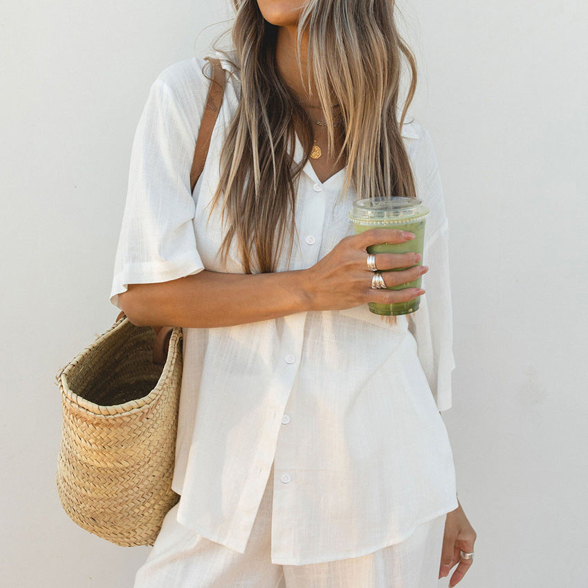 White Cotton Two-Piece Suit Set for Women - Elegant & Breathable