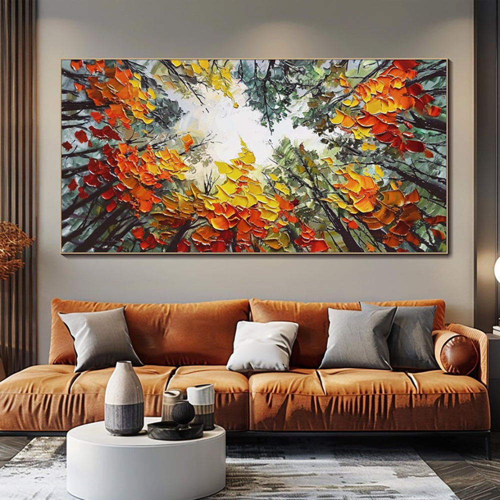 Handmade Oil Painting – Modern Orange Forest Landscape Canvas Wall Art