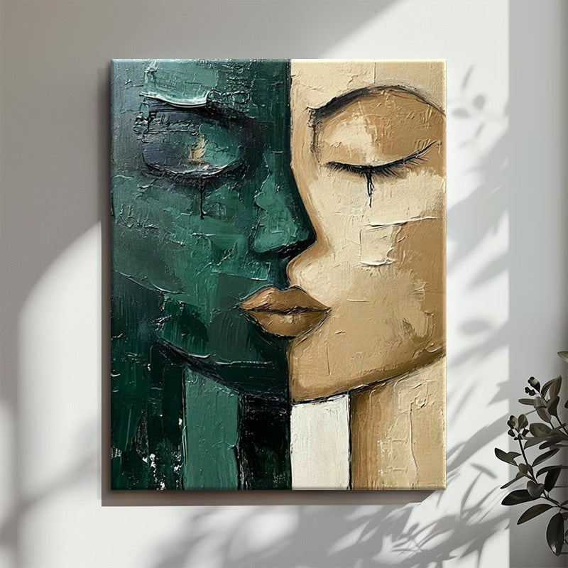 Hand-Painted Modern Oil Painting – Green & Beige Face Canvas Wall Art