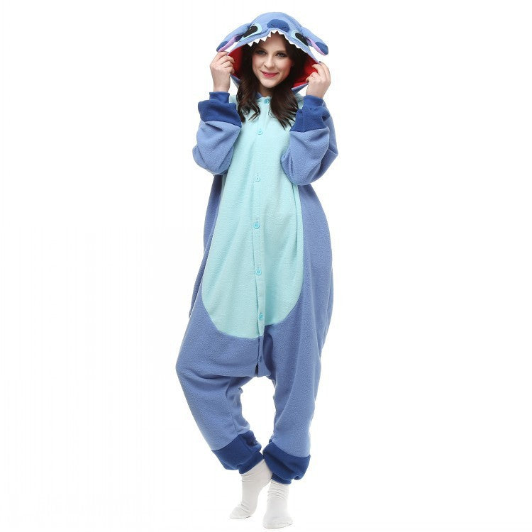 Blue & Pink Stitch Cartoon One-Piece Pyjama | Thick Polar Fleece Warm All-in-One Sleepwear