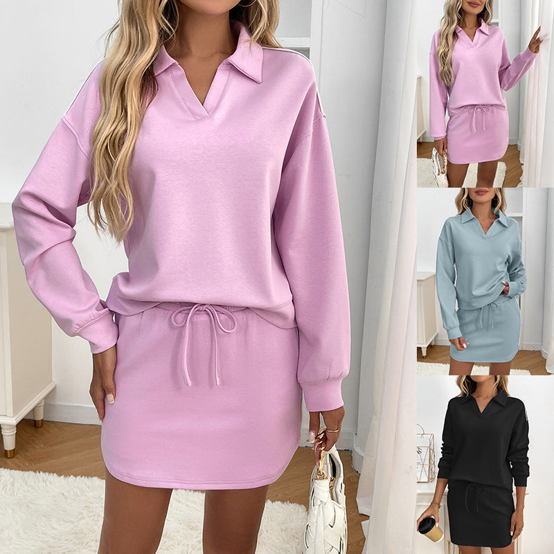 Trendy Women’s Cotton Air-Layer Skirt Set – Long Sleeve Drop Shoulder Top + Short Skirt