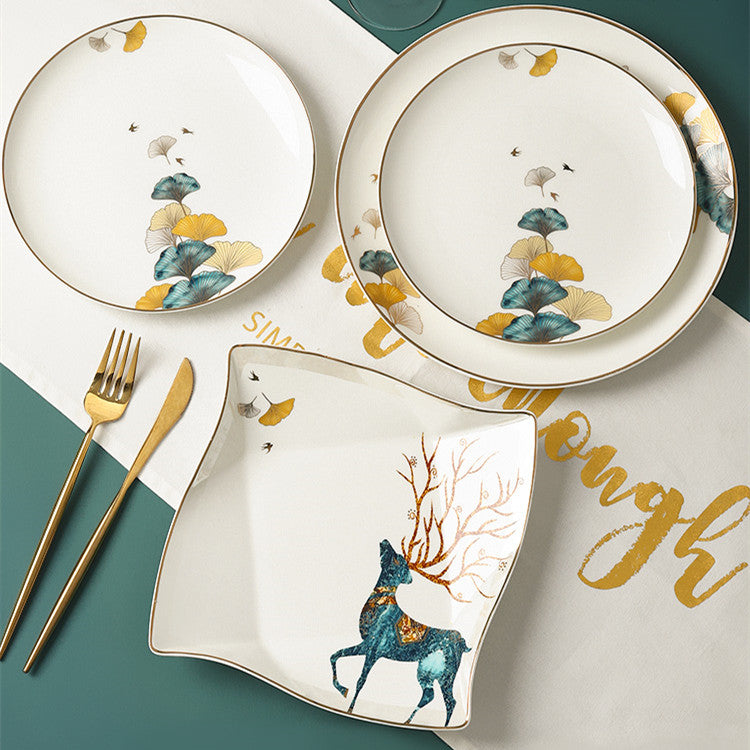 Nordic Porcelain Tableware – Round Flat Plate with Plant & Flower Design