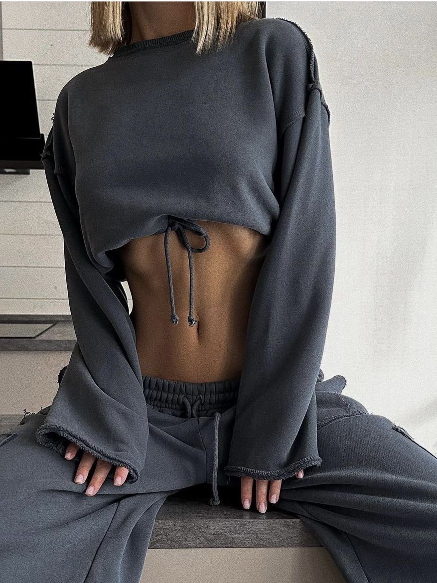 Women's Cotton Sweater & Pants Set – Long Sleeve Casual Loungewear | Khaki & Gray