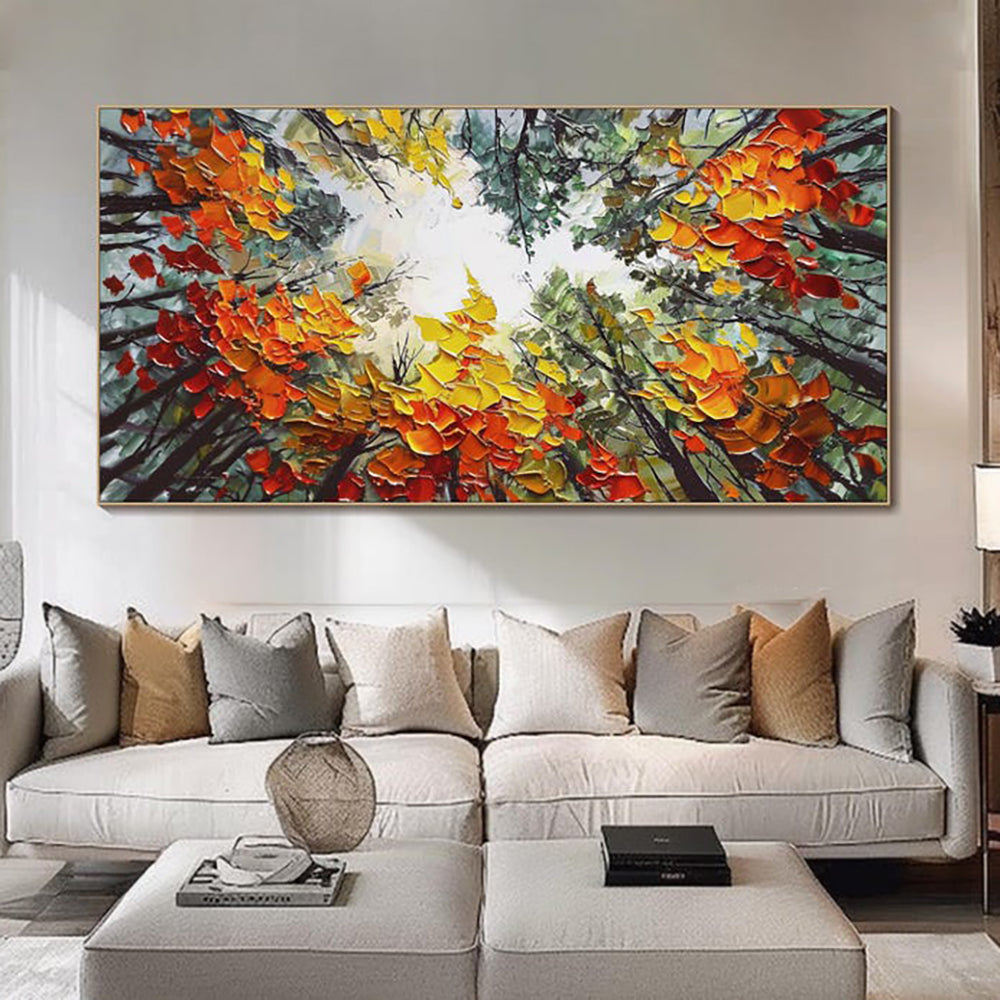 Handmade Oil Painting – Modern Orange Forest Landscape Canvas Wall Art