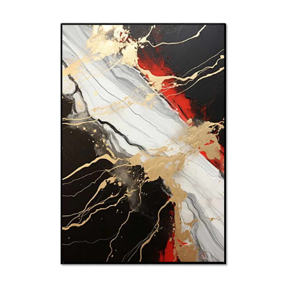 Vintage Gold Black Red Abstract Oil Painting – Hand-Painted Canvas Wall Art