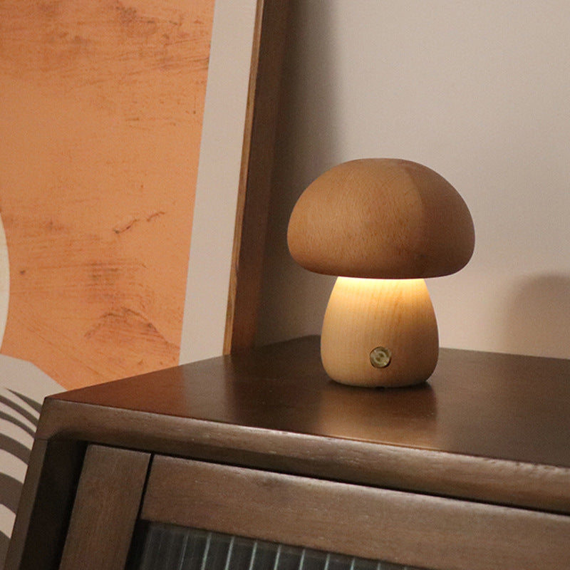 Wooden Cute Mushroom LED Night Light – Touch Switch Bedside Lamp for Kids’ Bedroom & Home Decor