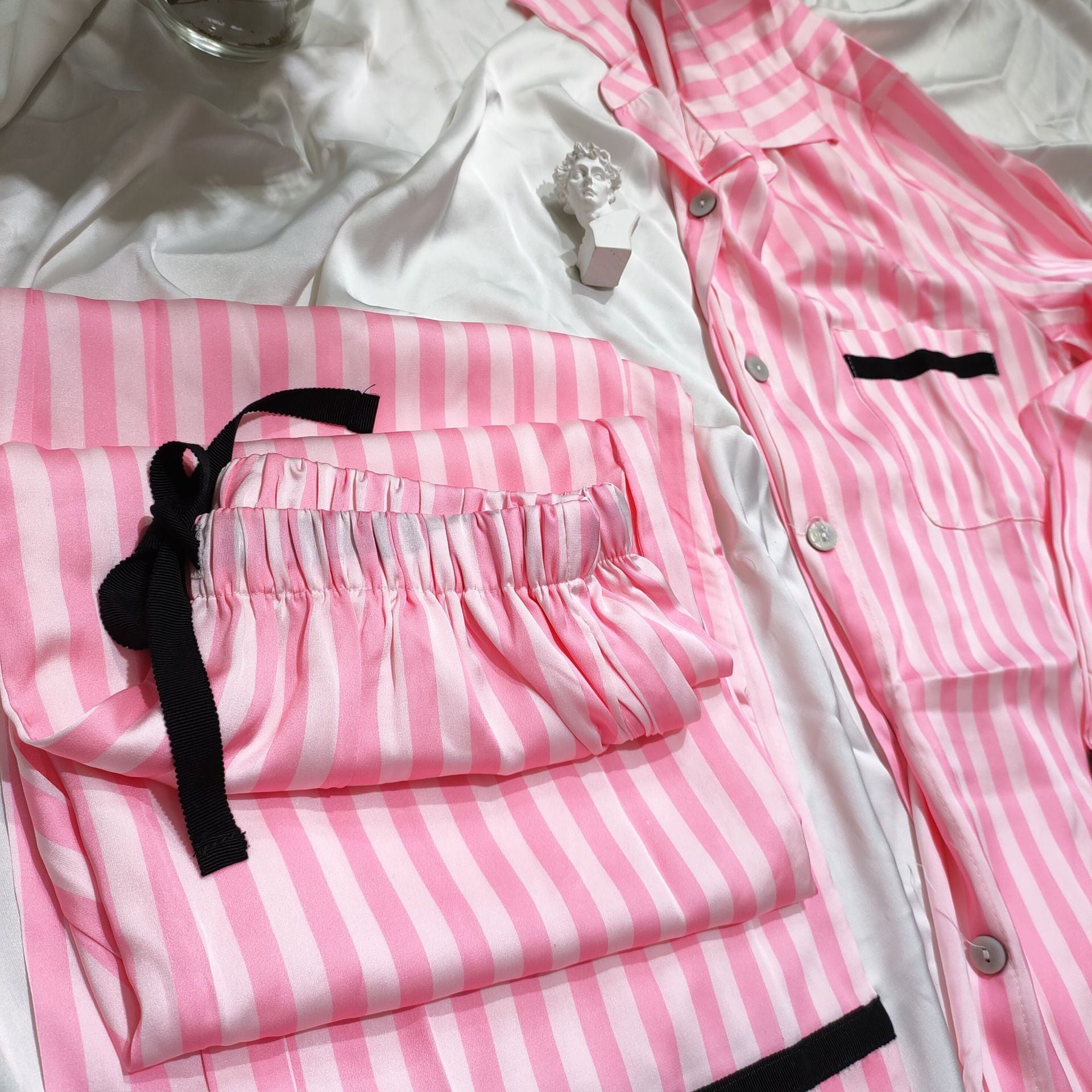 Women’s Red V-Neck Striped Pajama Set – Lightweight Satin Sleepwear Suit