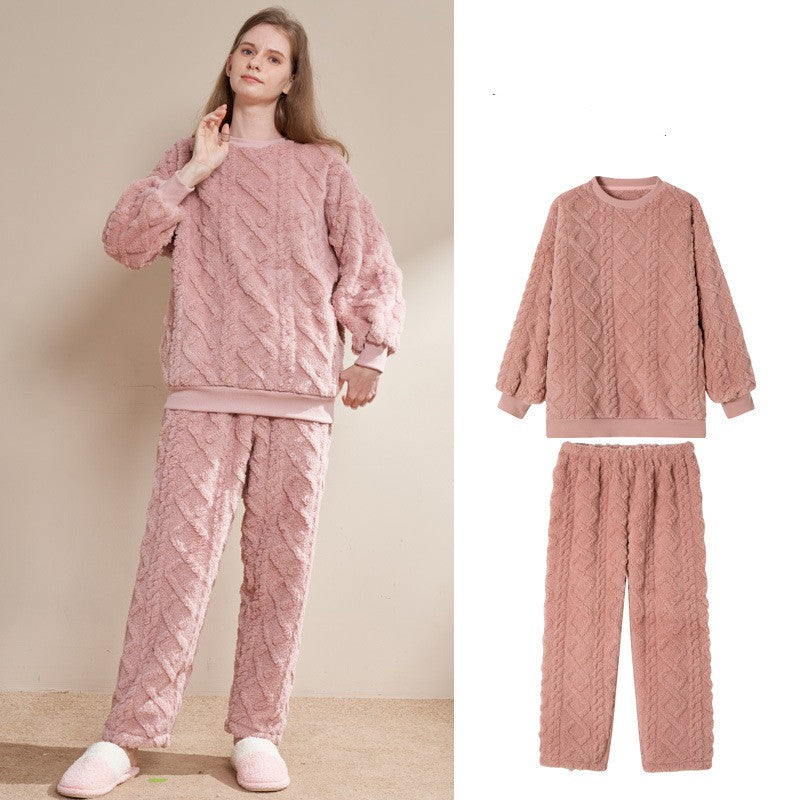 Ultra-Soft Thick Flannel Pajama Set for Winter – Pink Round Collar Suit