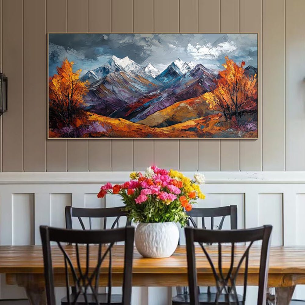 Handmade Snow Mountain Oil Painting on Canvas – Modern Autumn Landscape Wall Art