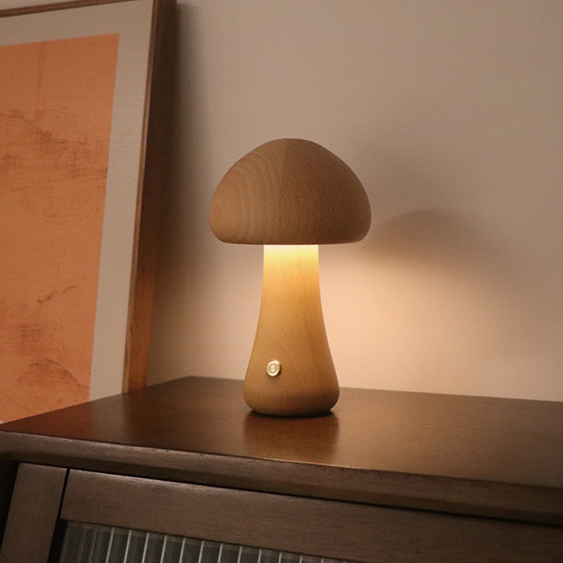 Wooden Cute Mushroom LED Night Light – Touch Switch Bedside Lamp for Kids’ Bedroom & Home Decor