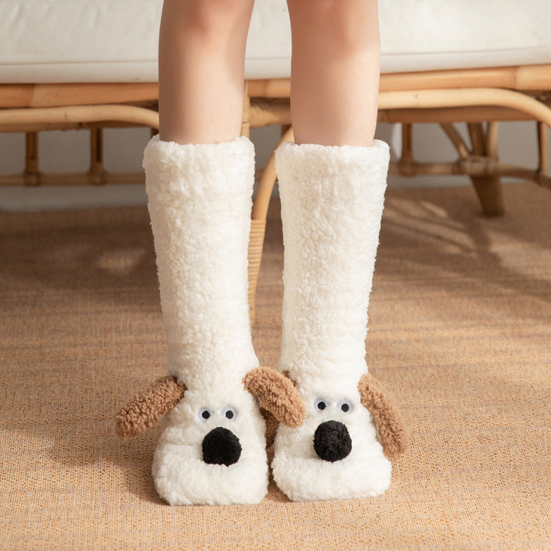 Cute Cartoon Dog Winter Plush Floor Socks – Non-Slip, Warm, Cozy Women’s Home Socks