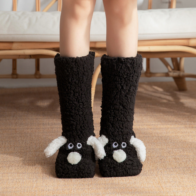 Cute Cartoon Dog Winter Plush Floor Socks – Non-Slip, Warm, Cozy Women’s Home Socks