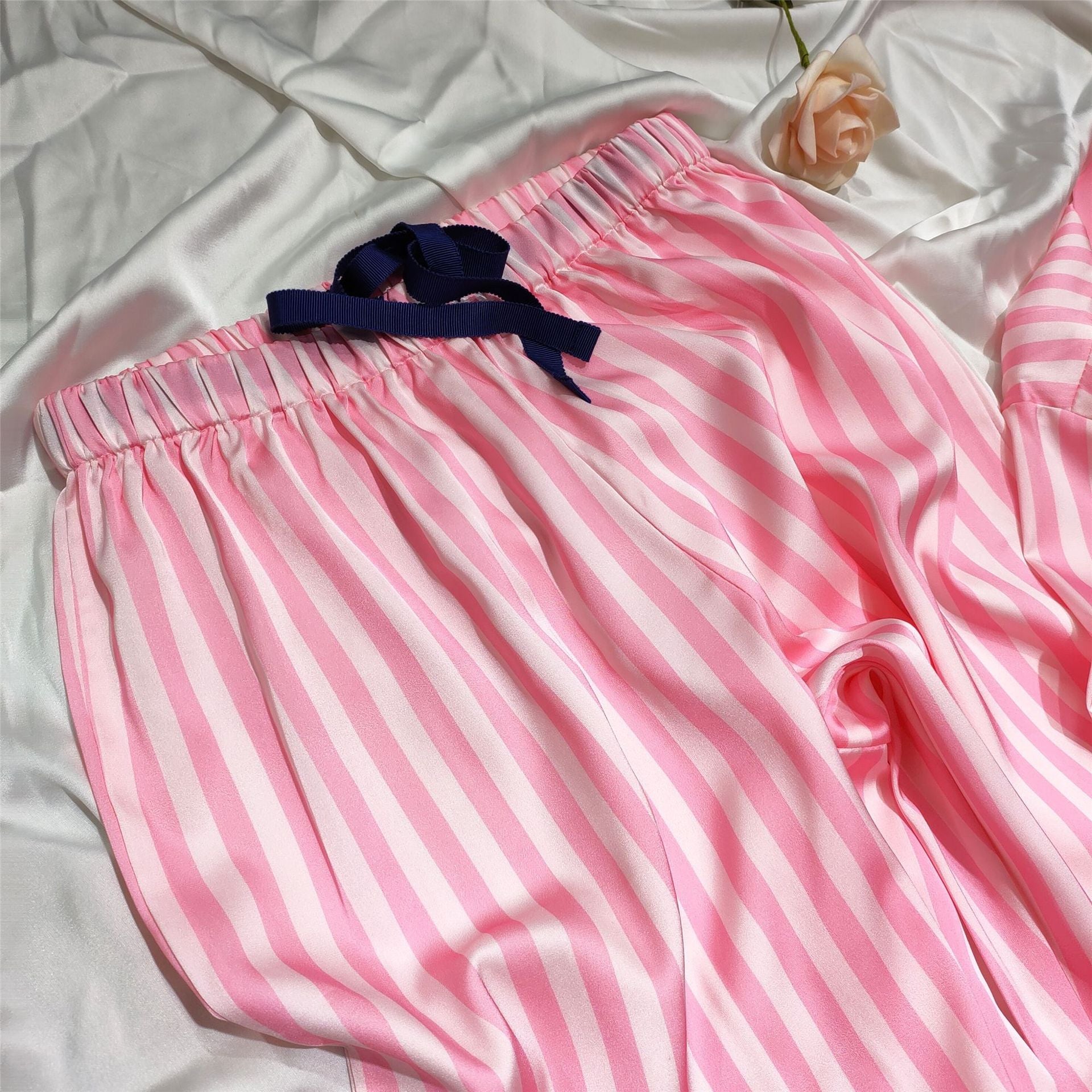 Women’s Red V-Neck Striped Pajama Set – Lightweight Satin Sleepwear Suit