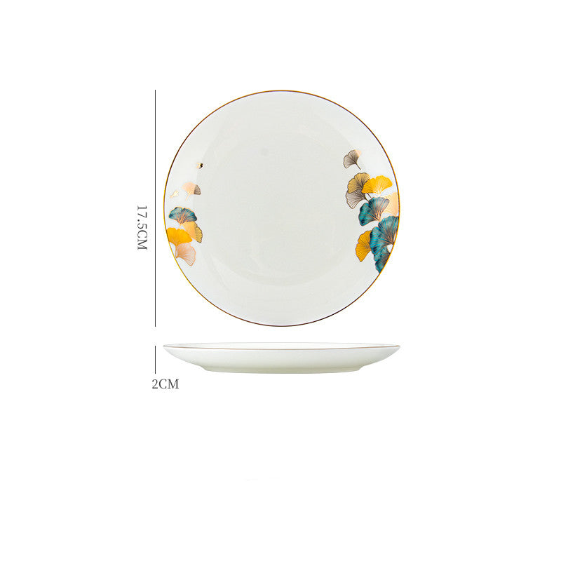 Nordic Porcelain Tableware – Round Flat Plate with Plant & Flower Design
