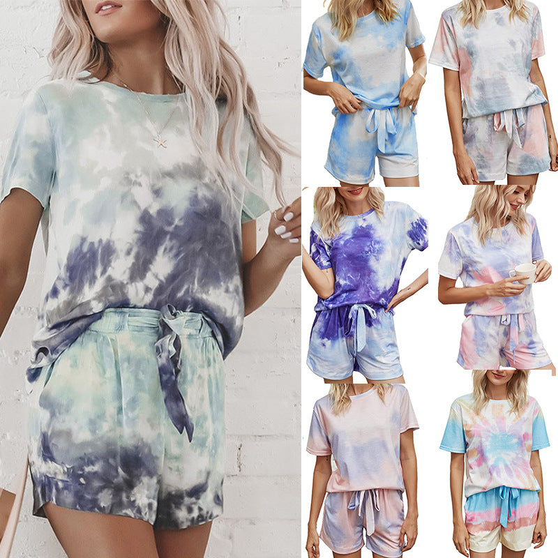 Tie-Dye Printed Short-Sleeve Pajamas – European & American Style