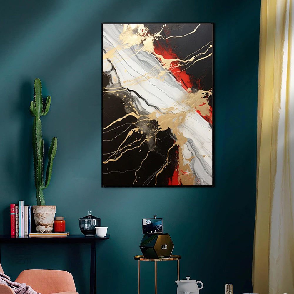 Vintage Gold Black Red Abstract Oil Painting – Hand-Painted Canvas Wall Art