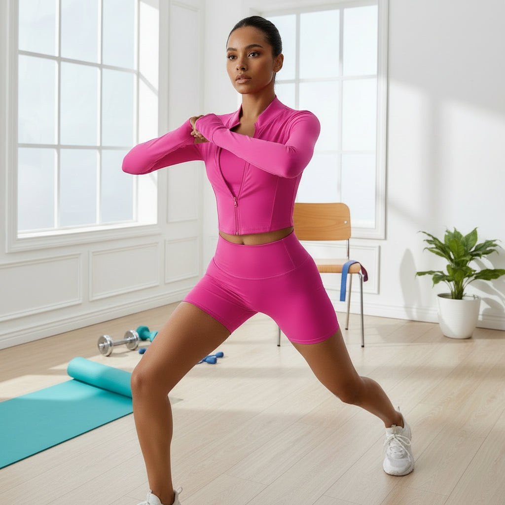 Women’s Premium 3-Piece Nylon Yoga Set – Long Sleeve Cardigan + Bra + Shorts | High-Stretch Activewear for Running, Fitness & Cycling